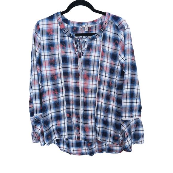 Seven 7 Flannel Plaid Relaxed Bell Sleeve Blouse Medium Boho Cozy Cabincore - Picture 2 of 6